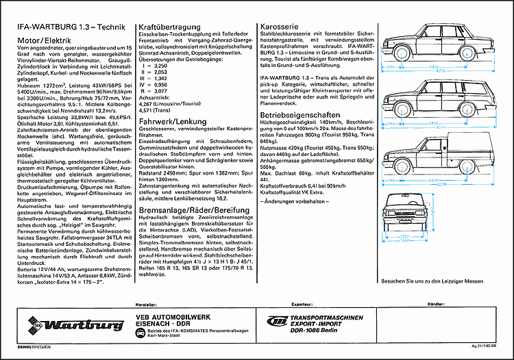 Wartburg 1.3 Technische Daten