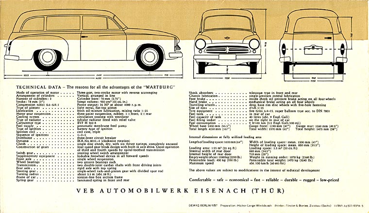 Wartburg 311 Kombi Prospekt 1957 Poster englisch