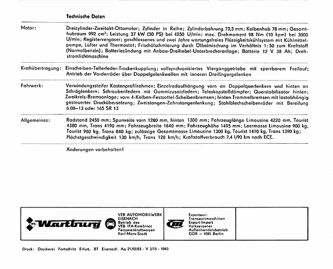 Wartburg 353 Prospekt 1983 Neuheiten