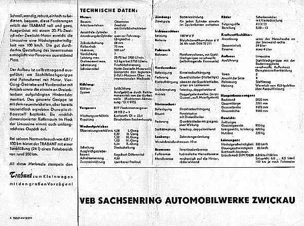 Trabant P50 Limousine Technische Daten